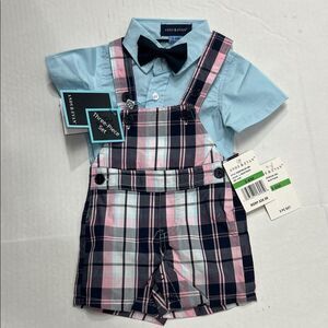 Andy & Evan Plaid 3 piece short all romper outfit Navy blue pink NWT